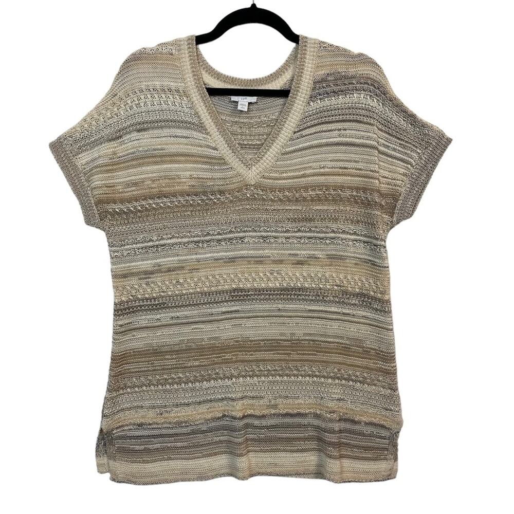 J. Jill Cream Multi V-Neck Lightweight Short Sleeve Sweater Top Size LP